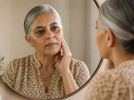 A woman examining her reflection in a round mirror