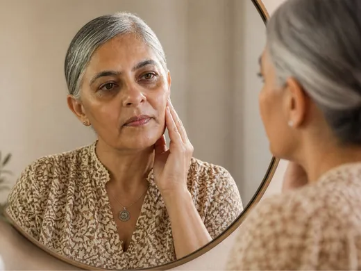 A woman examining her reflection in a round mirror